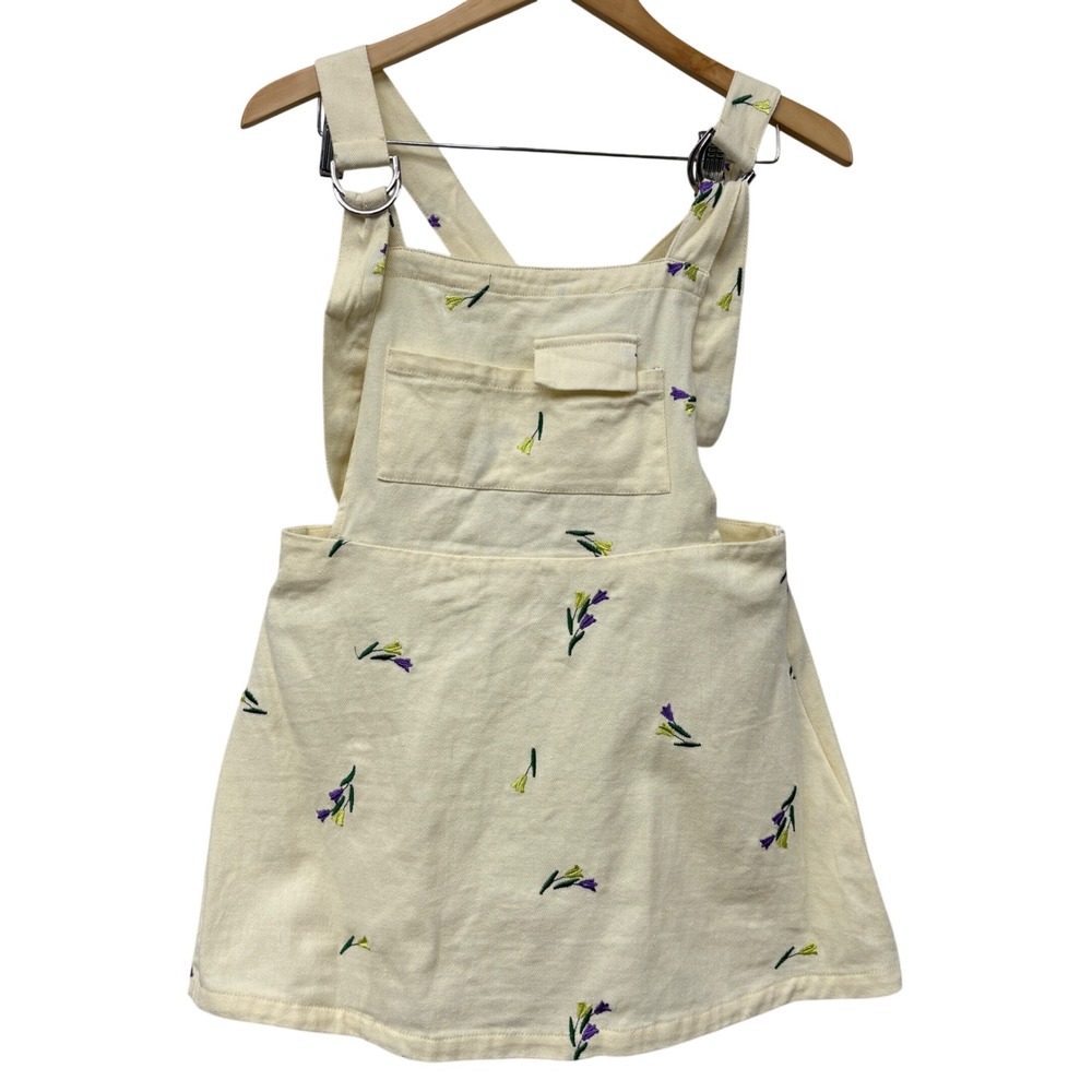 Cider Womens Cream Floral Embroidered Overall Pinafore Dress‎ Size L Yellow Bib
